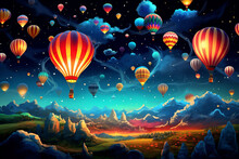 big hot air balloons flying on twilight sky. 