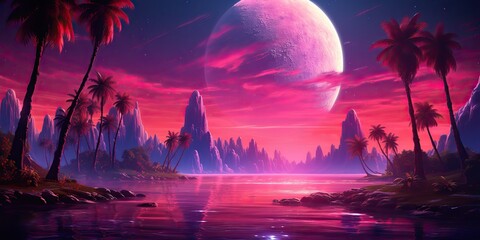 AI Generated. AI Generative. Vintage tetro syntwave retrowave vaporwave nature outdoor landscape decoration background. Can be used for game movie or music concept