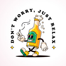 Walking Beer Bottle Retro Cartoon Mascot. Perfect For Logos, T-shirts, Stickers And Posters