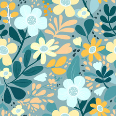 Poster - Seamless floral pattern. Naive style, simple garden flowers. flat style. Pastel colors. 