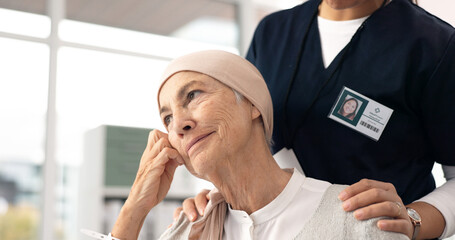 Canvas Print - Comfort, senior woman and cancer patient with nurse in hospital for support, healthcare and thinking. Sick elderly person, hand of medical professional and hope, empathy and courage in consultation