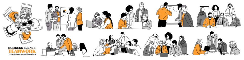 team work business scene illustrations. set of diverse multinational men and women working together.