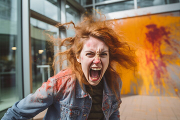 Angry activist woman throwing paint to a business building , ecologist or environmental activism concept picture