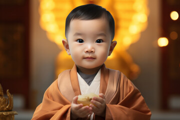 Baby asian buddha portrait at buddhist temple wearing traditional clothing