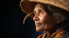 Side Portrait Of A Old Rice Working Woman With Hat Isolated On Black Background With Copy Space