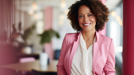 Business woman wearing pink blazer with office background
