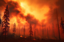Forest Destroyed By Wildfire Under A Fiery Red Sky