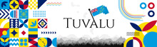The Tuvalu Independence Day Abstract Banner Design With Flag And Map. Flag Color Theme Geometric Pattern Retro Modern Illustration Design. Sky Blue, Dark Blue, Red And Yellow Color Template.