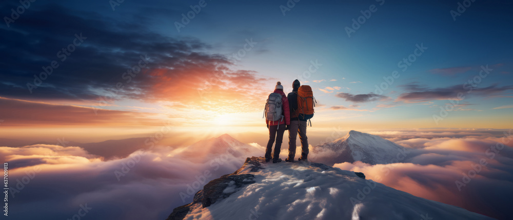 Couple of man and woman hikers on top of a mountain in winter at sunset ...