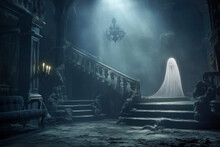 Ethereal Female Wraith In White Haunting A Ruined Hall Of  Abandoned Mansion