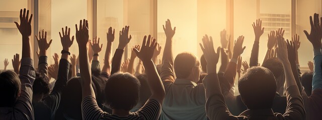 Wall Mural - Group of businesswomen attending a seminar, raising their hands. Focus on hands Back view of crowd of people raising hands on a seminar in convention center,ai generate