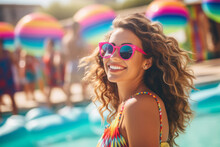 Woman At A Swimming Pool Colorful Party During Summer Time Wearing Sunglasses
