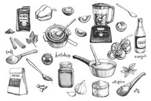 Vector Hand-drawn Set Of Ingredients For Homemade Ketchup Cooking In Engraving Style. Collection Of Sketches Of Products For Tomato Sauce.
