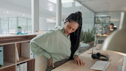 Poster - Woman, call center and back pain in stress, overworked or injury and accident sitting at office desk. Frustrated female person, consultant or agent with spine ache, inflammation or sore muscle