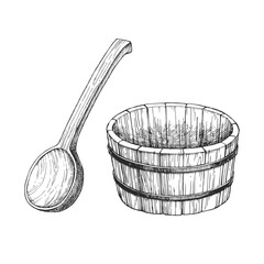 Vector hand-drawn illustration of accessories for russian bathhouse isolated on white. Sketch of bucket and ladle for finnish sauna.