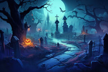 Old Cemetery Scene With Halloween Pumpkin And Ancient Gravestones Along A Path To A Mysterious Crypt. Generative AI