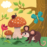 Fototapeta Dinusie - Cute vole, butterfly and ladybug animals that met in the forest. Vector illustration for kids.