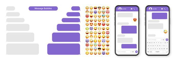 Smartphone messaging app, user interface design with emoji. SMS text frame. Chat screen with violet message bubbles. Texting app for communication. Social media application. Vector illustration
