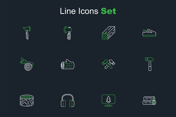 Set line Wooden log, Location of the forest, Headphones, logs, Hammer, Crossed hammer, and Hand saw and icon. Vector