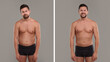 Collage with portraits of man before and after weight loss on grey background