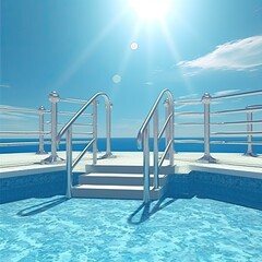 Poster - swimming pool with handrails surrounded by sunny sky with Generative AI