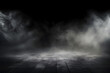 Abstraktes Bild eines dunklen Raumes mit Betonboden. Schwarzer Raum Hintergrund für Productplacement. Panoramablick auf weiße Wolken, Nebel oder Smog auf schwarzem Hintergrund generative ai