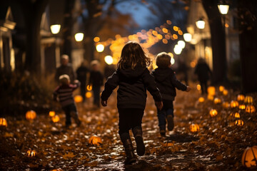 Children walking along a suburban street on Halloween evening to grab lots of sweets, avenue lit up with lights and pumpkins and lots of dry leaves. Seen from behind.