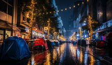 Urban Homelessness: Row Of Tents On San Francisco Streets