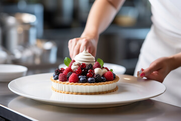 Cropped image of female pastry chef decorating cake with fresh berries.   