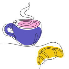 Coffee Cup And Croissant Continuous Line Colourful Vector Illustration
