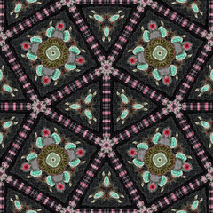 Wall Mural - Boho folkloric flower pattern with a gypsy retro style. Repeatable vintage cloth effect print in black and red gothic fashion colors.