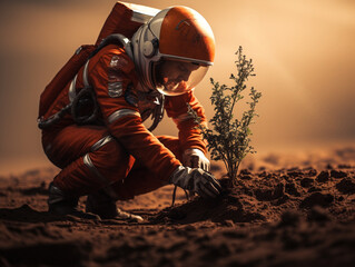 an astronaut is planting a small tree on an alien planet. set against a barren area like a desert.