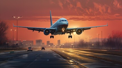 Airplane taking off from the airport at night, generated by ai