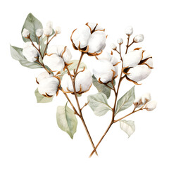 Watercolor cotton branch isolated on transparent background