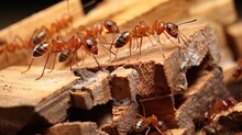 A Group Of Ants On Wood, Generated By Ai