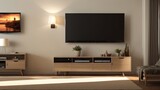 Fototapeta  - Huge Tv In A Living Room. Rich living room with huge tv screen. Creative resource, AI Generated