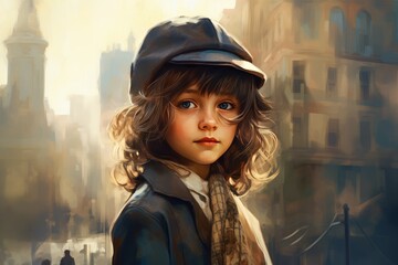 Wall Mural - Spirited American 1920 child girl in town. Generate AI