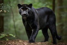 A Shallow Depth-of-field Portrait Of A Black Panther Looking At The Camera A Green Forest Background