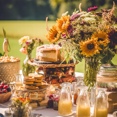 Wall Mural - Autumnal dessert buffet table, event food catering for wedding, party and holiday celebration, cakes, sweets and desserts in autumn garden, generative ai