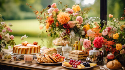 Sticker - Autumnal dessert buffet table, event food catering for wedding, party and holiday celebration, cakes, sweets and desserts in autumn garden, generative ai