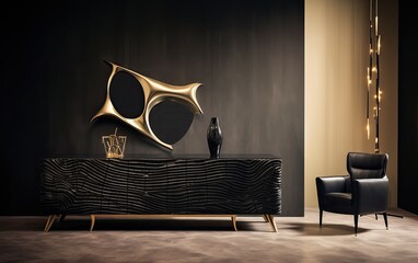 Luxury sitting area with wooden credenza, armchair, and decor