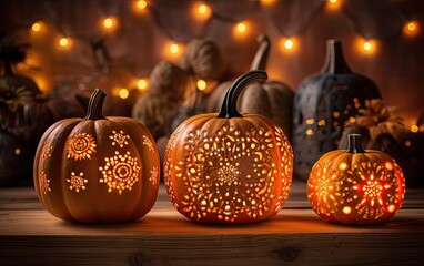 Wall Mural - Glowing Halloween pumpkin lanterns on a wooden table