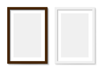 Fototapete - Couple picture photo frames mockup, wall presentation, black and white thin rectangular vertical frame with shadow, two vertical blank frame border mockup - stock vector