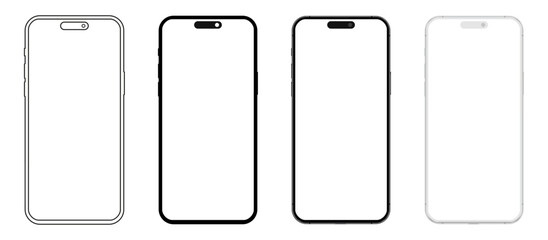 Poster - Set smartphone mockup with blank white screen in flat, line and realistic style, detailed mobile phone mockup, black and white models smartphone front view, model 3D mobile phone, ui, ux - vector
