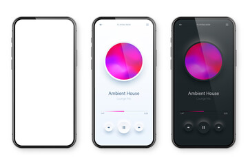 Wall Mural - Online audio player user interface, smartphone app UI design. Music, media streaming and listening platform. Responsive mobile application. Neumorphism, neumorphic style. Vector illustration.