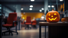 Halloween Glowing Pumpkin On A Office Desk, Business Halloween Decor For Party. 