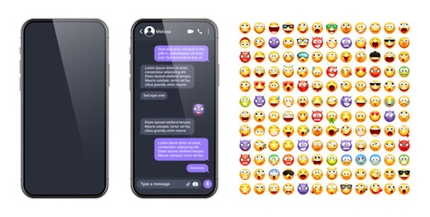 Smartphone messaging app, user interface with emoji. SMS text frame. Chat screen, violet message bubbles. Texting app for communication. Social media application. Dark mode. Vector illustration