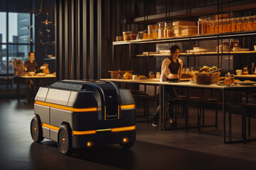 Experience the future of dining as robotic servers deliver your meal. Electronic server in restaurant.