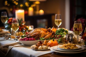 Close up of a thanksgiving holiday dinner table with a roasted turkey and wine