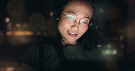 Poster - Business woman, outdoor and working at night with laptop, overtime and deadline with target goal and kpi, happy with New York skyline. Working, late and typing report or data capture with network.